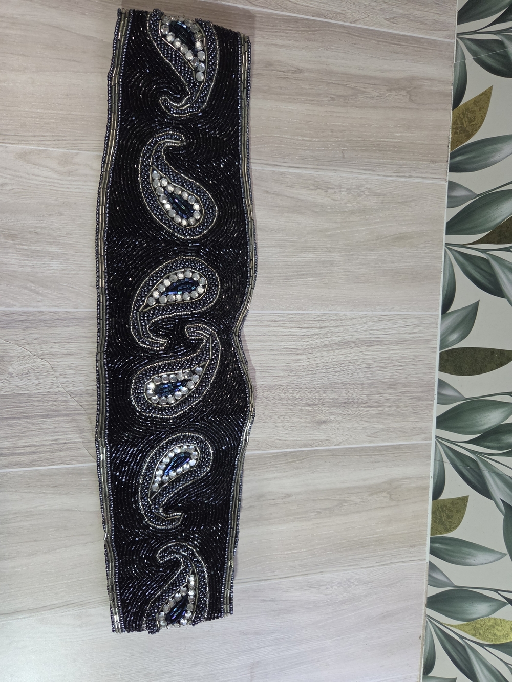 Genie Black Beaded Evening Cummerbund Belt Rhinestone Paisley S/M 4x29.25"